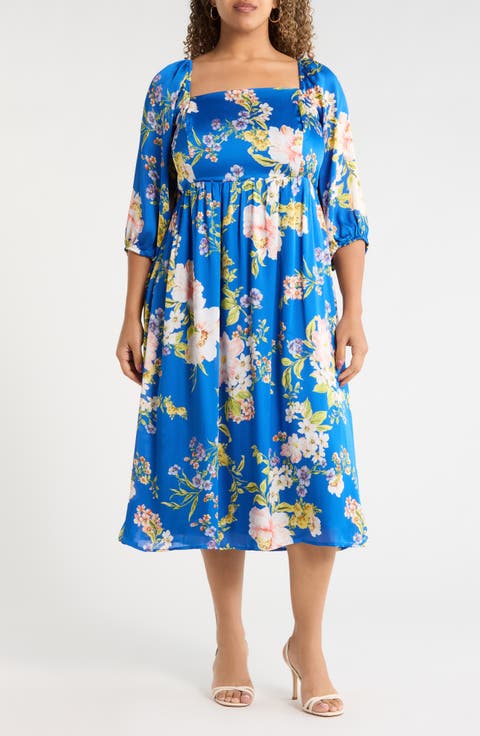 Solary Amaretto Metallic Floral Puff Sleeve Midi Dress (Plus)