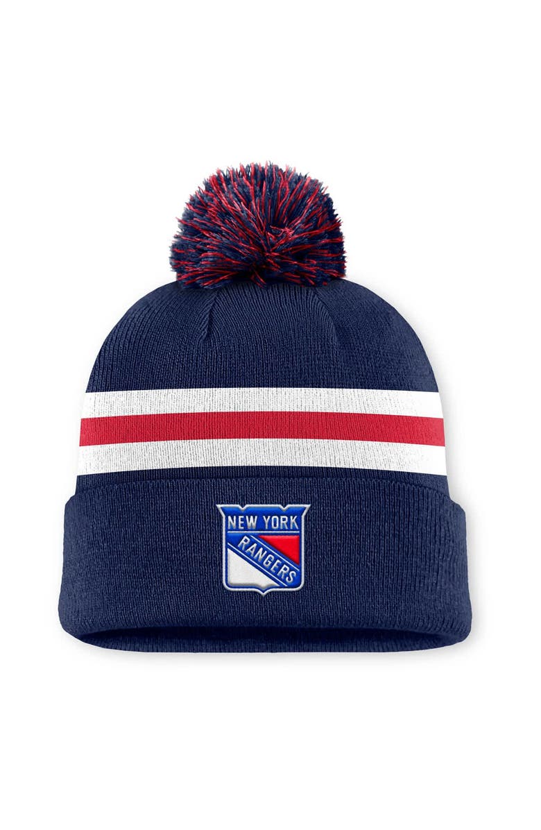 FANATICS Men's Fanatics Navy New York Rangers Authentic Pro Rink Cuffed Knit Hat with Pom, Main, color, Navy