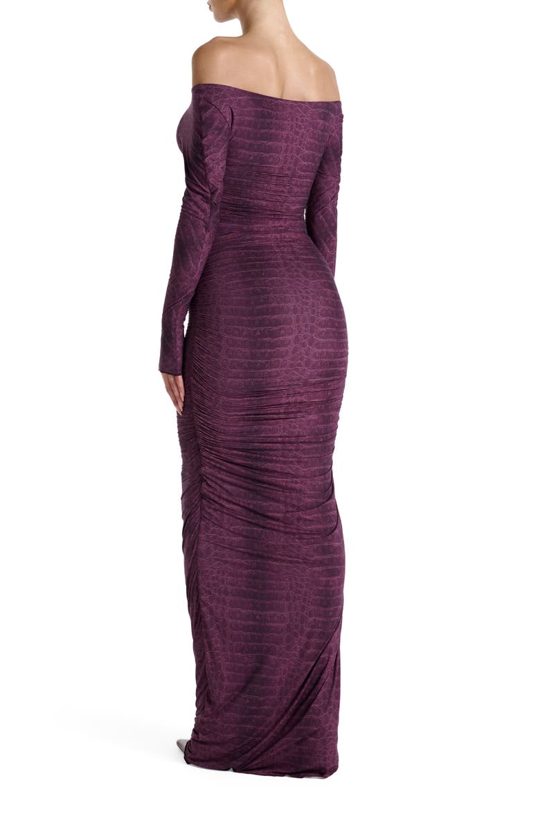 Naked Wardrobe Ruched Off the Shoulder Long Sleeve Maxi Dress, Alternate, color, Dark Plum Crocodile