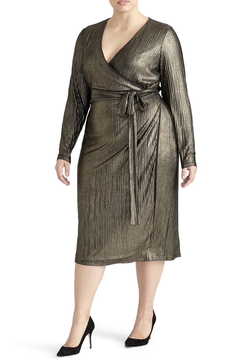 Pleated Metallic Wrap Dress, Main, color, BLACK/ GOLD