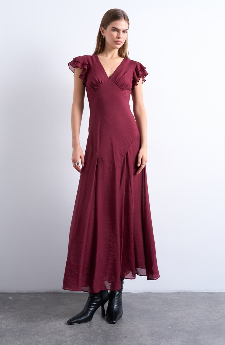 Topshop Flutter Sleeve Georgette Midi Dress, Main, color, Red