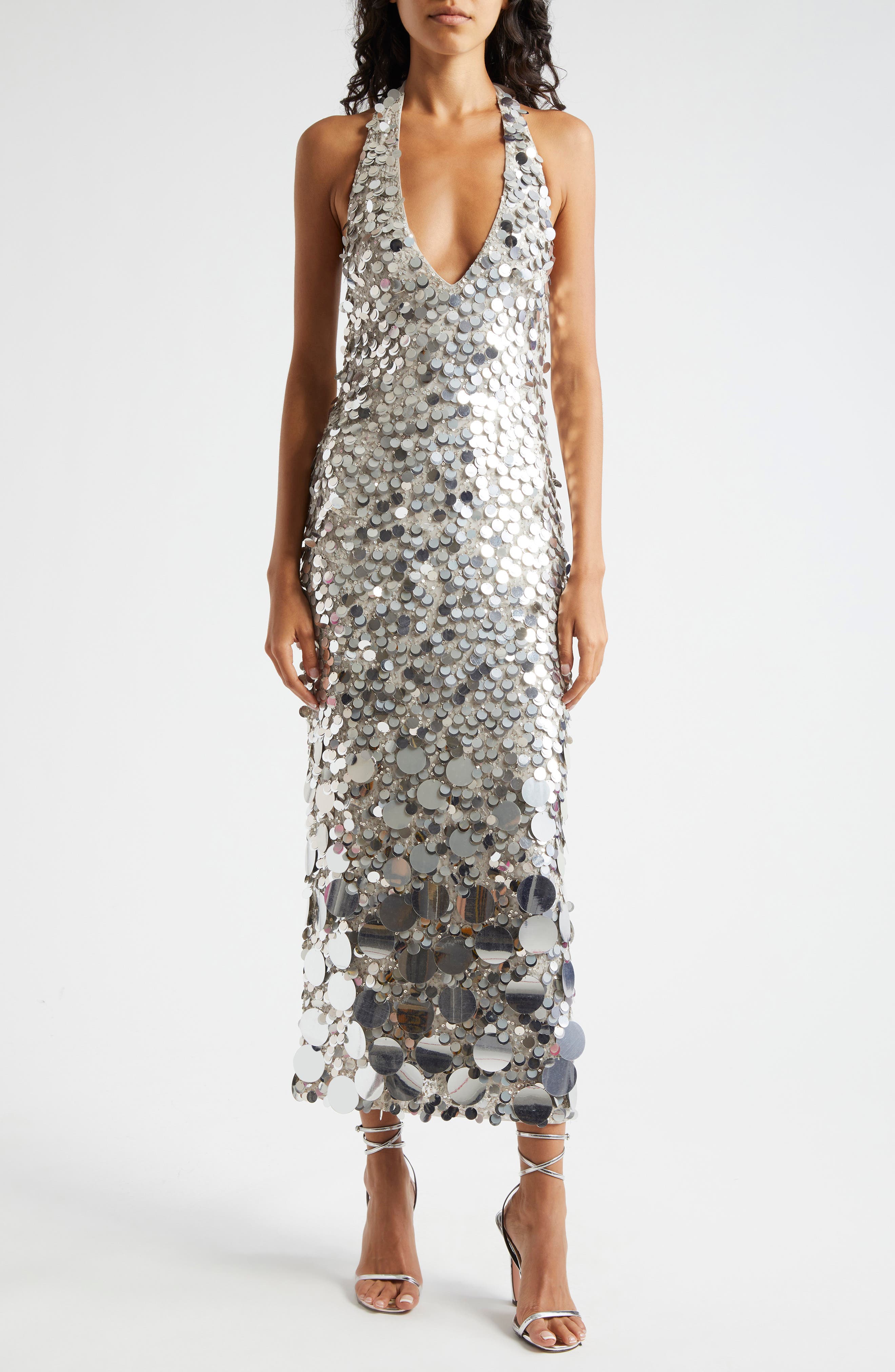 Sloan Paillette Plunge Halter Midi Dress