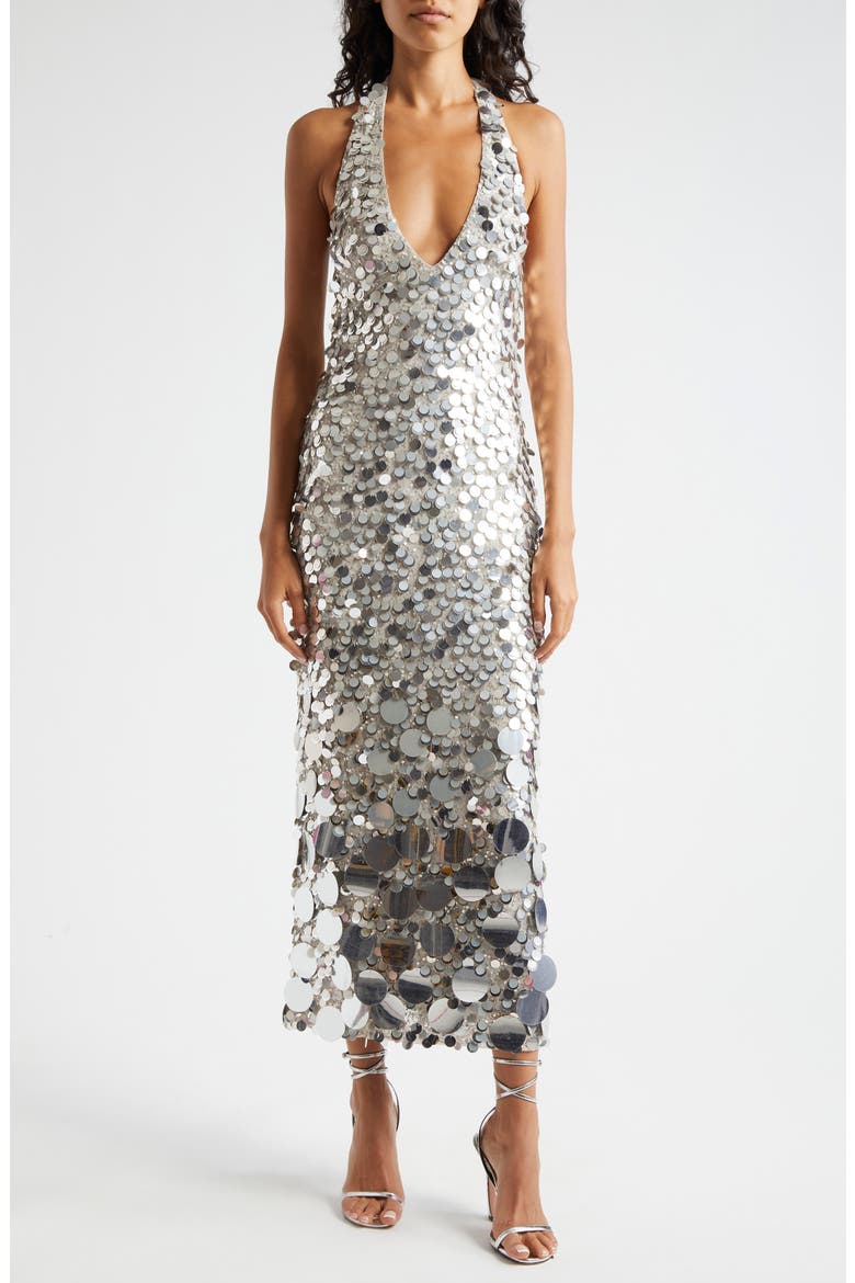 Sloan Paillette Plunge Halter Midi Dress, Main, color, SILVER PAILLETTE