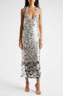 Sloan Paillette Plunge Halter Midi Dress