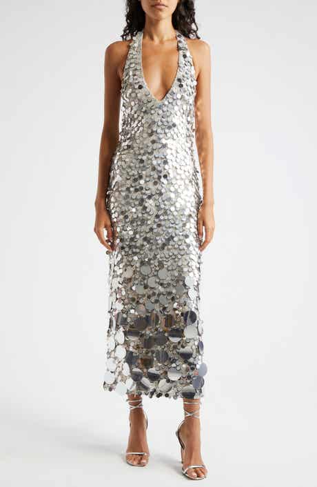 Sloan Paillette Plunge Halter Midi Dress