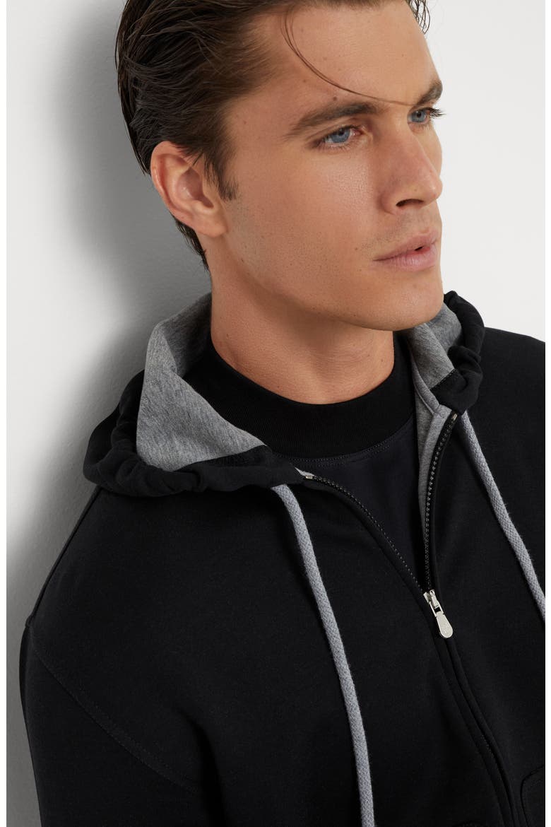 Cotton, cashmere and silk French terry double cloth hooded sweatshirt with zipper, Alternate, color, Black