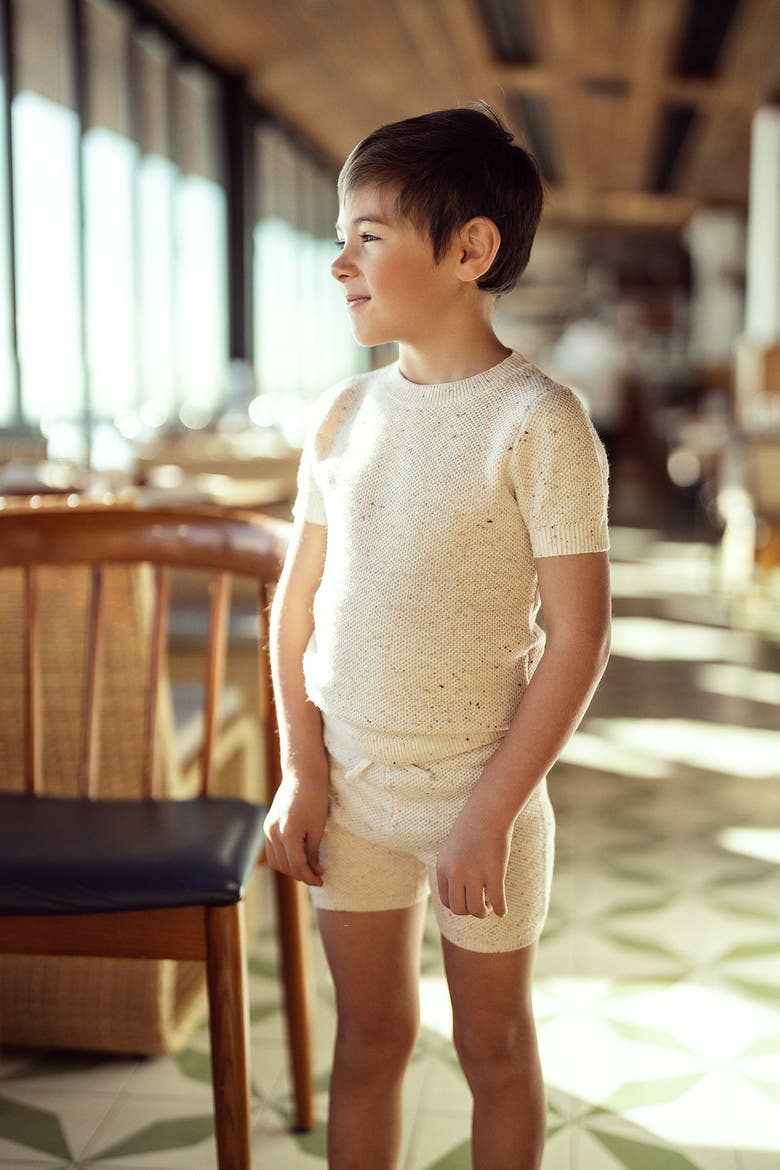 Speckled Waffle Knit 2 Piece Short Sleeve Top and Shorts Set, Alternate, color, Beige