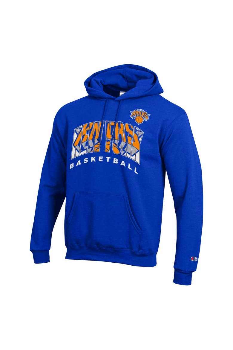 Men's Champion Royal New York Knicks Arch Logo Powerblend Fleece Hoodie, Alternate, color, Royal