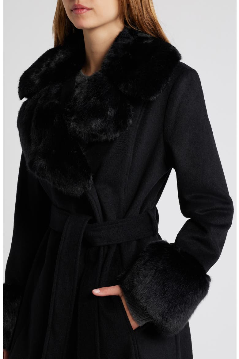 Belted Faux Fur Trim Coat, Alternate, color, BLACK