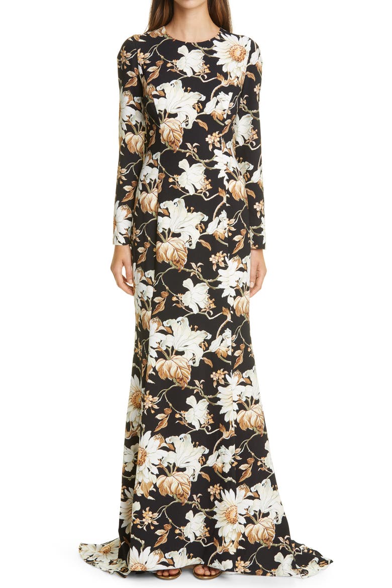 Flower & Vine Print Crepe Gown, Main, color, BLACK