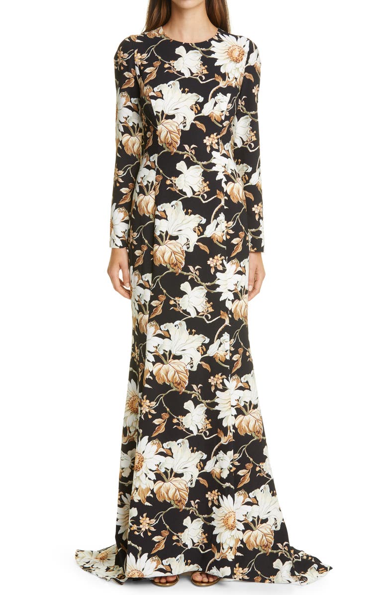 Oscar de la Renta Flower & Vine Print Crepe Gown, Main, color, 