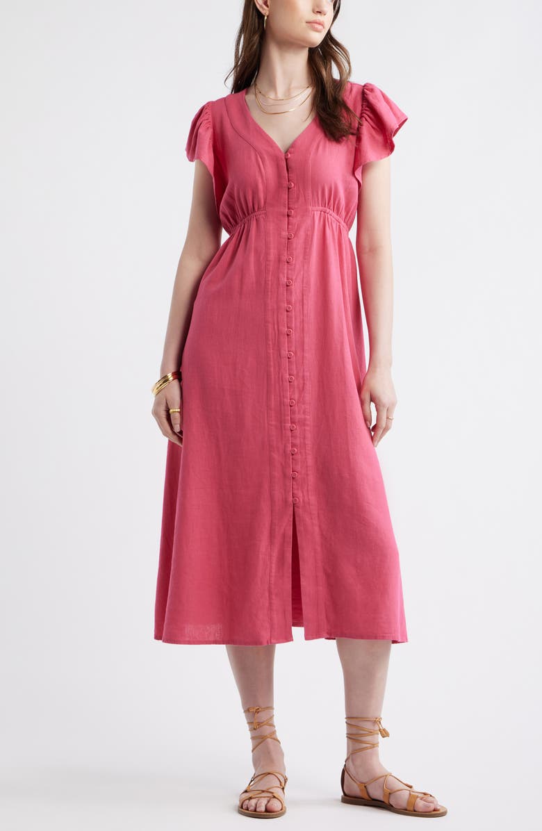 Treasure & Bond Short Sleeve Button Down Linen Blend Midi Dress, Main, color, Pink Carmine