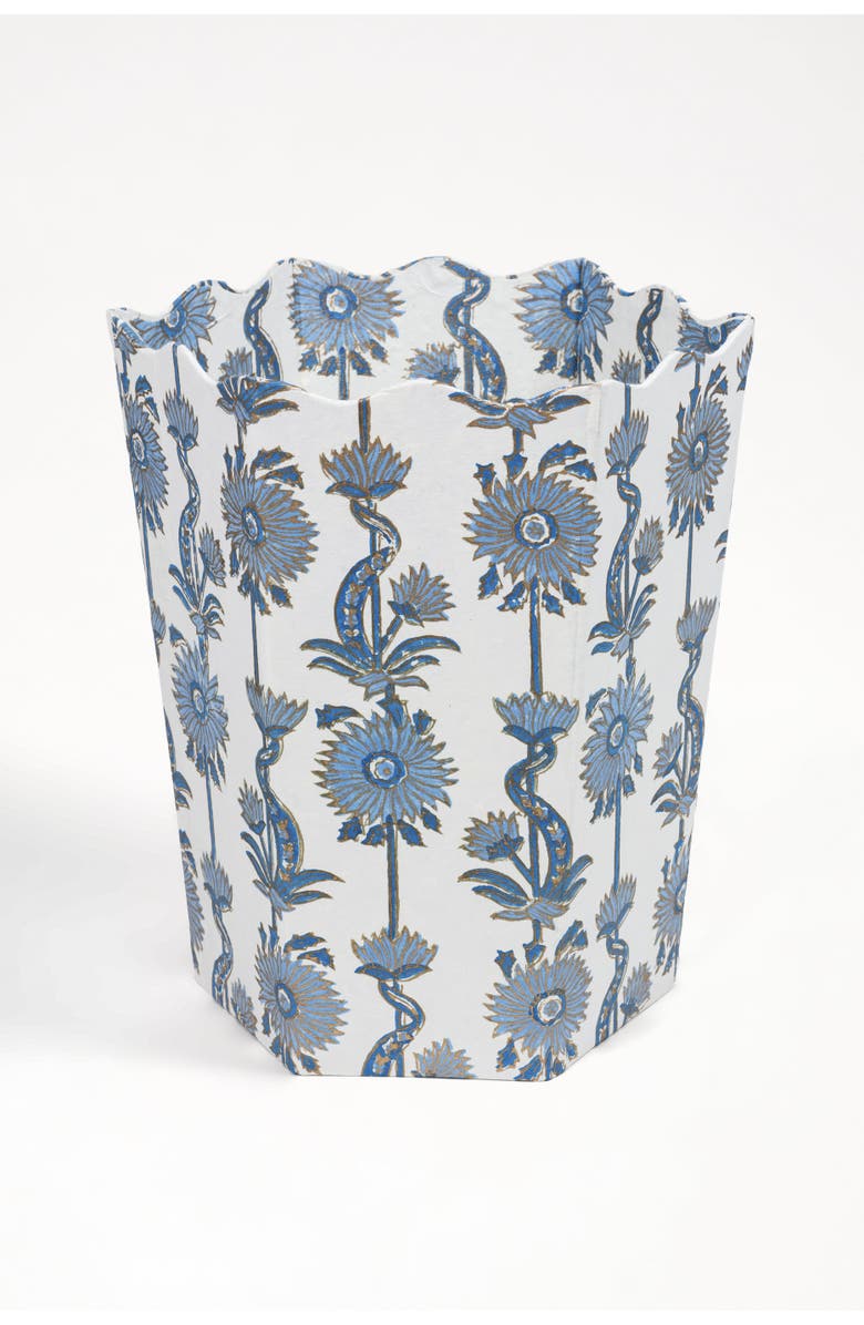 Inner Child Floral Vines Blockprint Scallop Waste Bin Storage Bin, Main, color, Blue