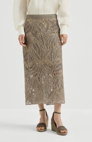 Brunello Cucinelli Linen and cotton dazzling cacao leaves embroidery skirt