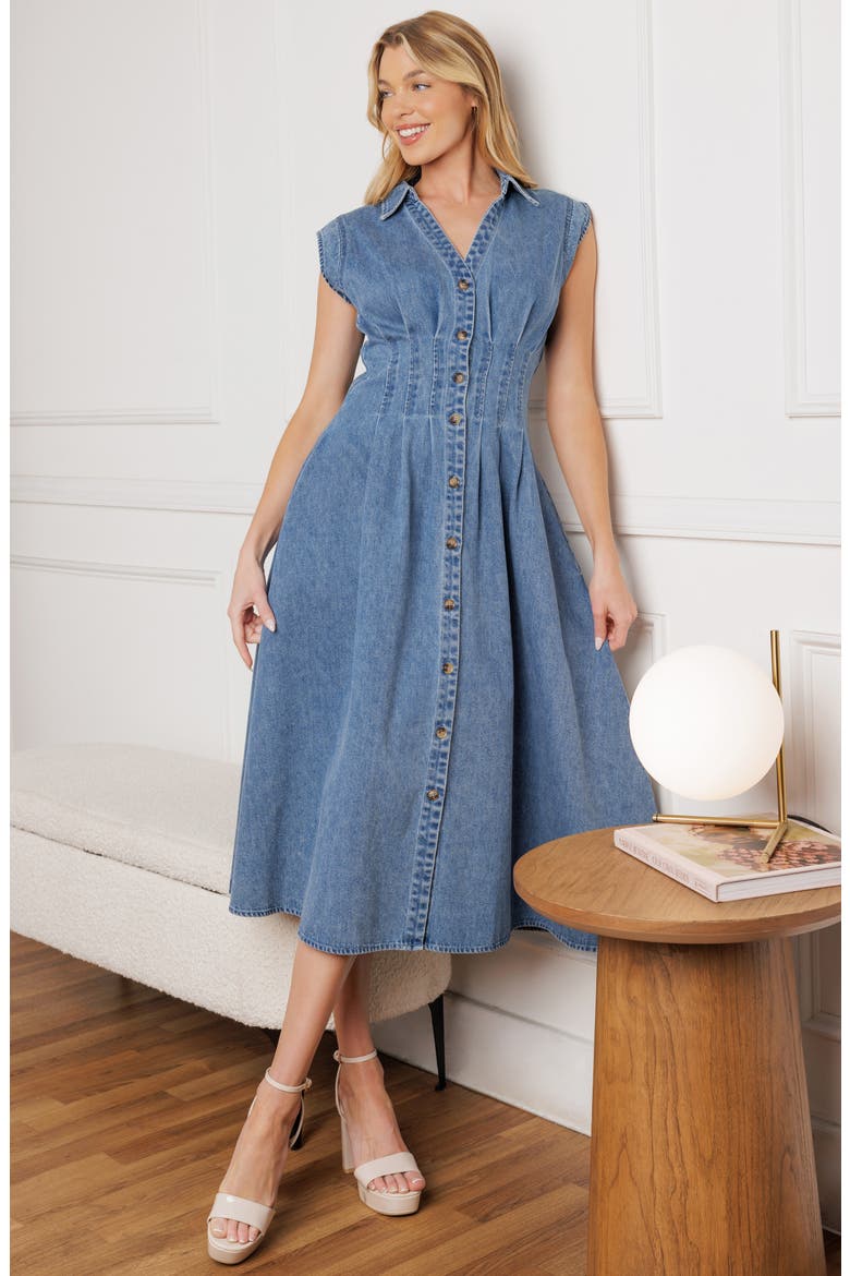 Denim Button Front Midi Dress, Alternate, color, MEDIUM INDIGO