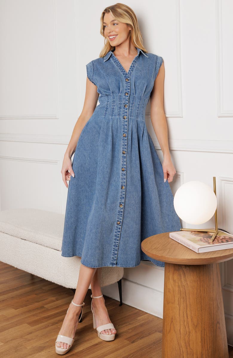 FLYING TOMATO Denim Button Front Midi Dress, Alternate, color, Medium Indigo