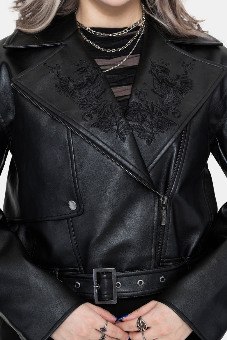 Clash Embroidered Faux Leather Jacket, Alternate, color, Black