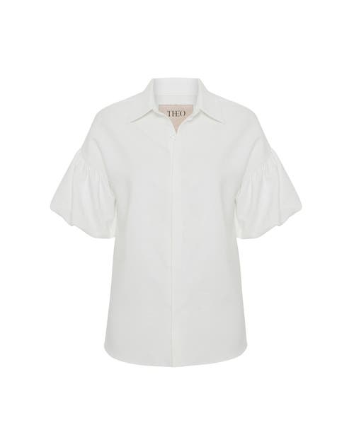 Theo The Label Women's White Atlas Bouffant Short Sleeve Shirt In Ivory