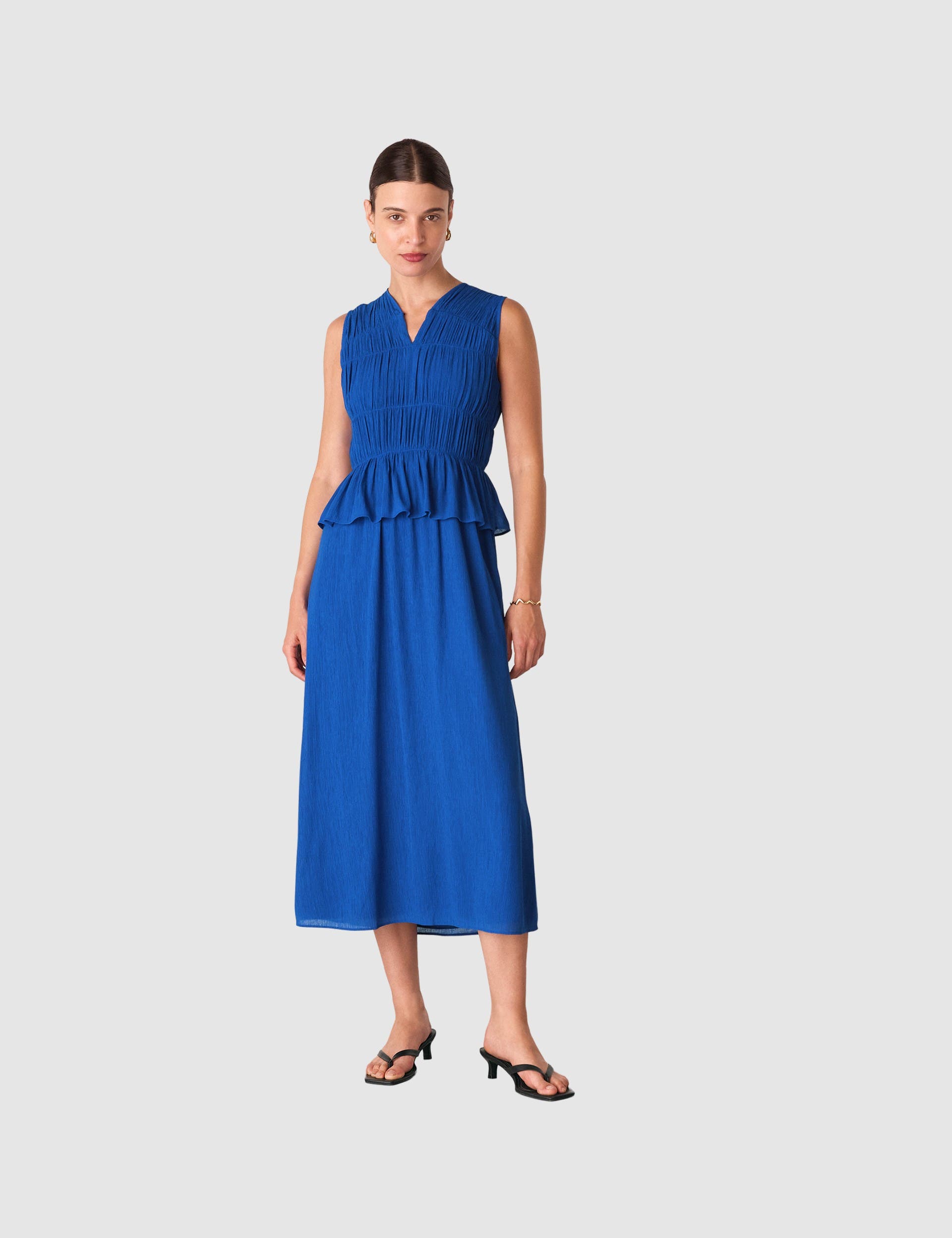 Sleeveless Shirred V-Neck Midi Dress