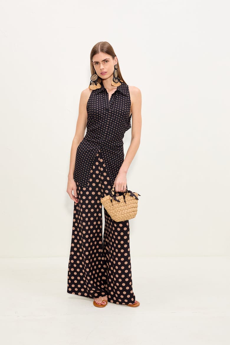 Loch Sleeveless Crepe Button Up, Alternate, color, Black/Tan Polka Dot