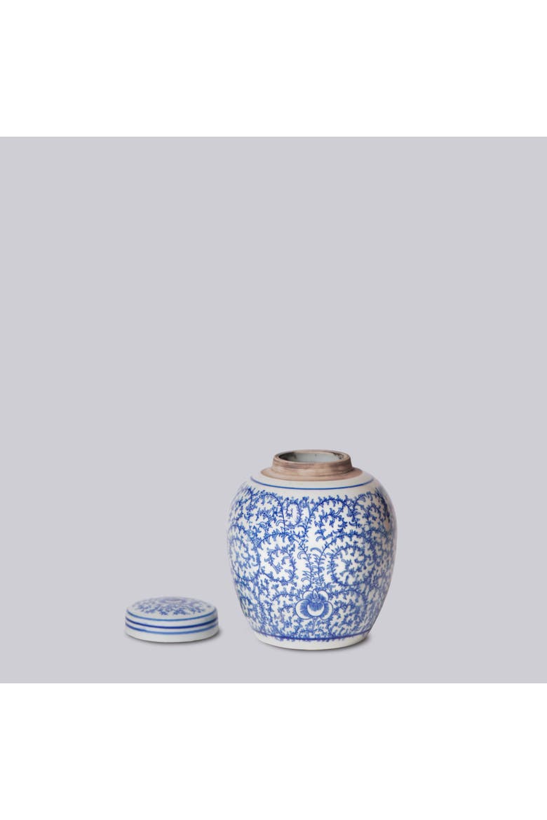 Porcelain Scrolling Peony Round Jar, Alternate, color, Blue + White