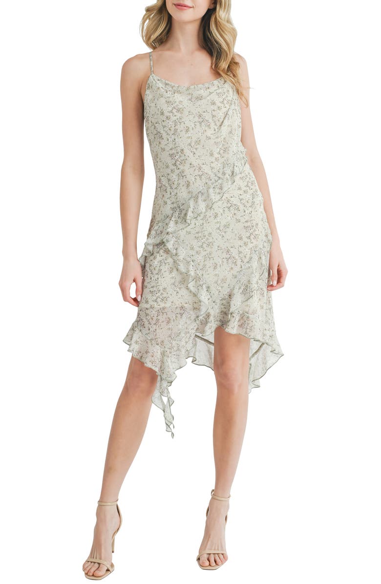 All in Favor Floral Asymmetric Ruffle Dress, Main, color, Neutral Floral