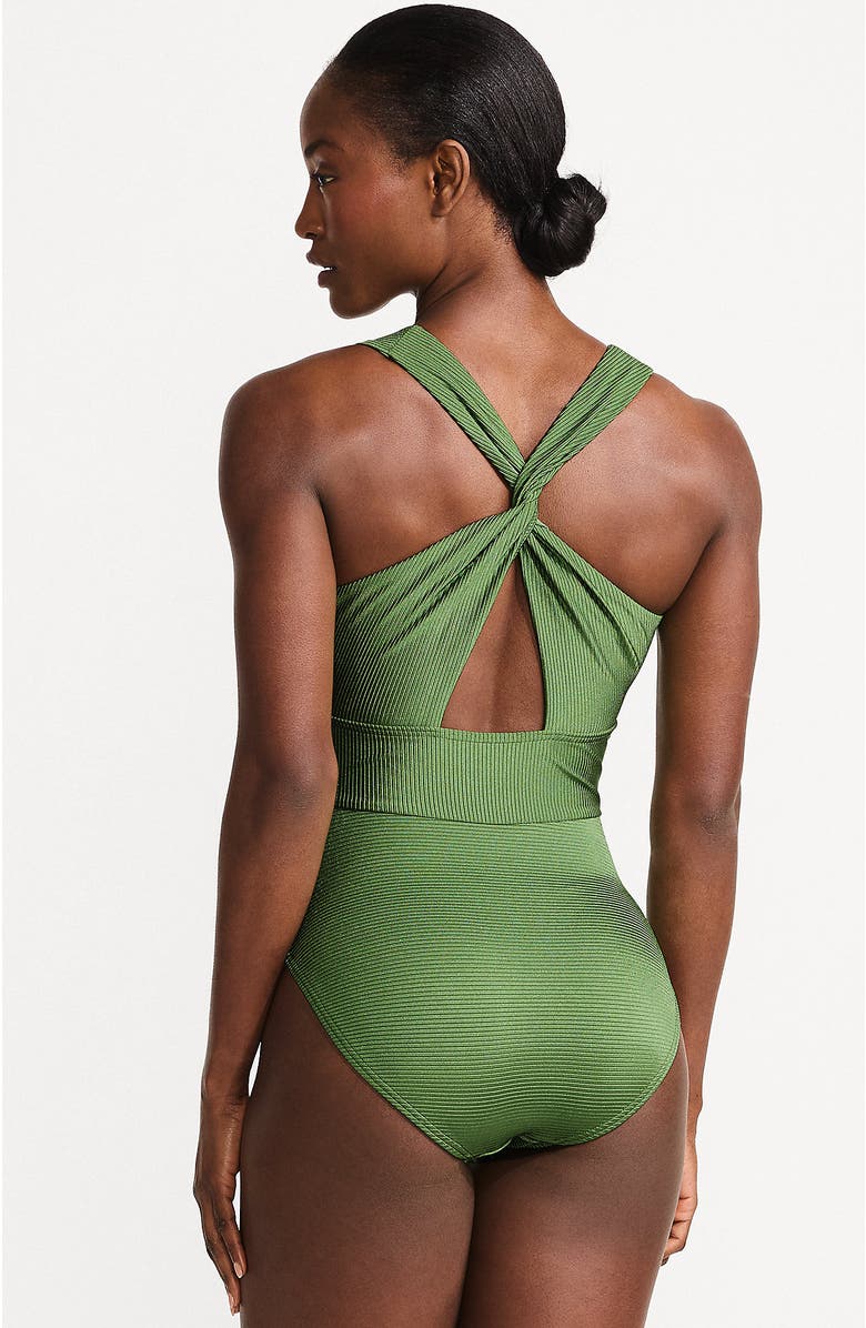 Lands' End Shine Ribbed Twist Back High Leg One Piece Swimsuit, Alternate, color, Fusion Green Shine