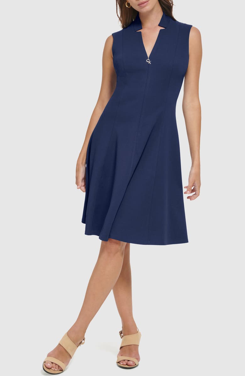 Calvin Klein Zip Front A-Line Dress, Main, color, Indigo