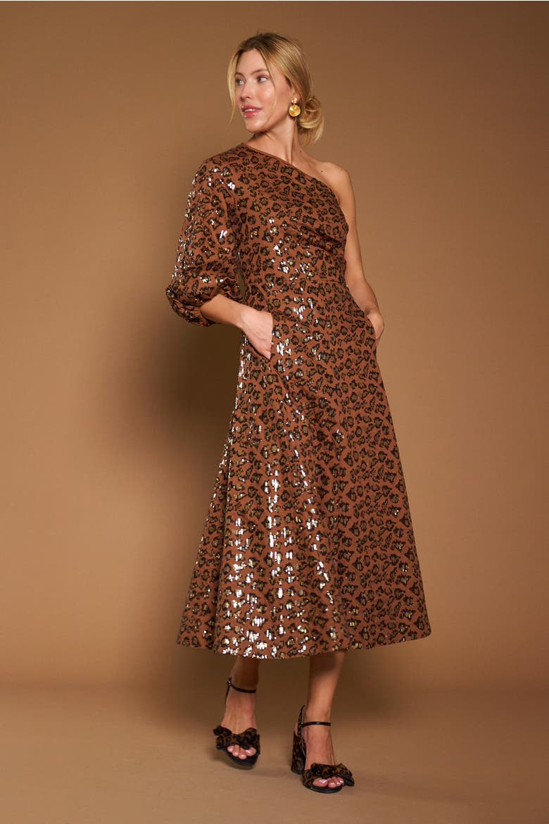 One Shoulder Dress With Leopard Sequins, Alternate, color, Tobacco