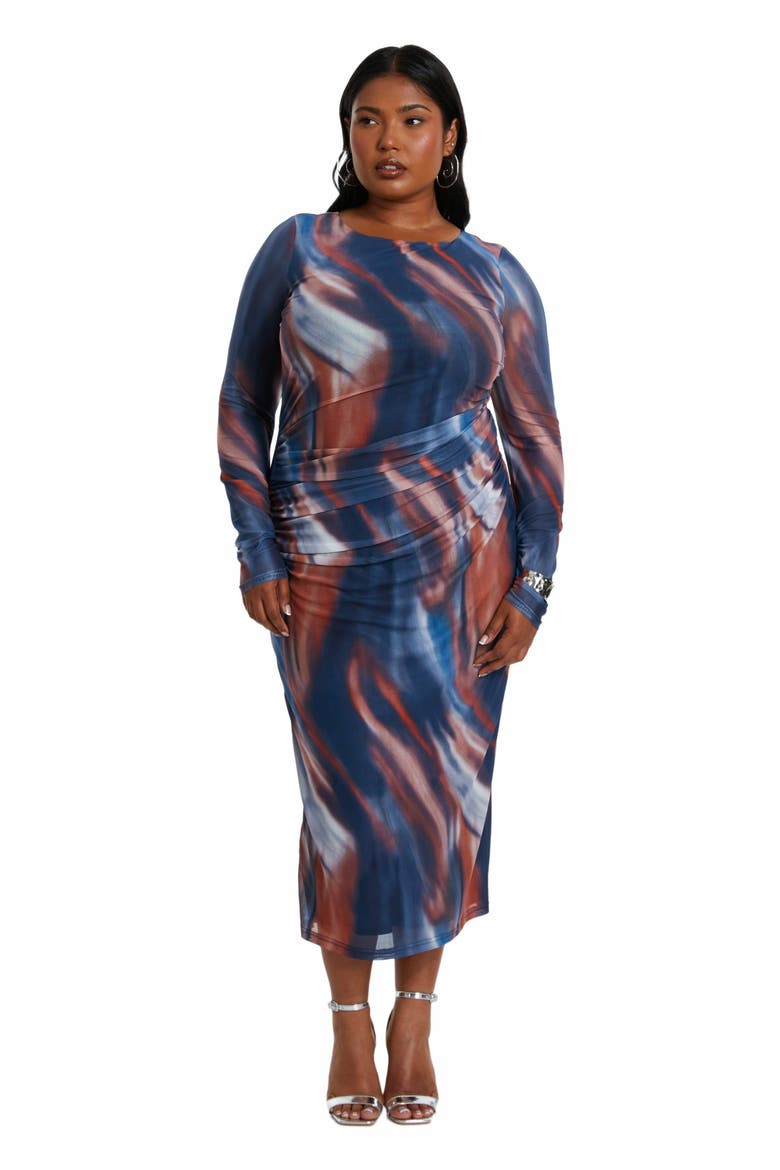 Plus Size Mesh Marble Round Neck Long Sleeve Maxi Dress, Main, color, Dark Blue