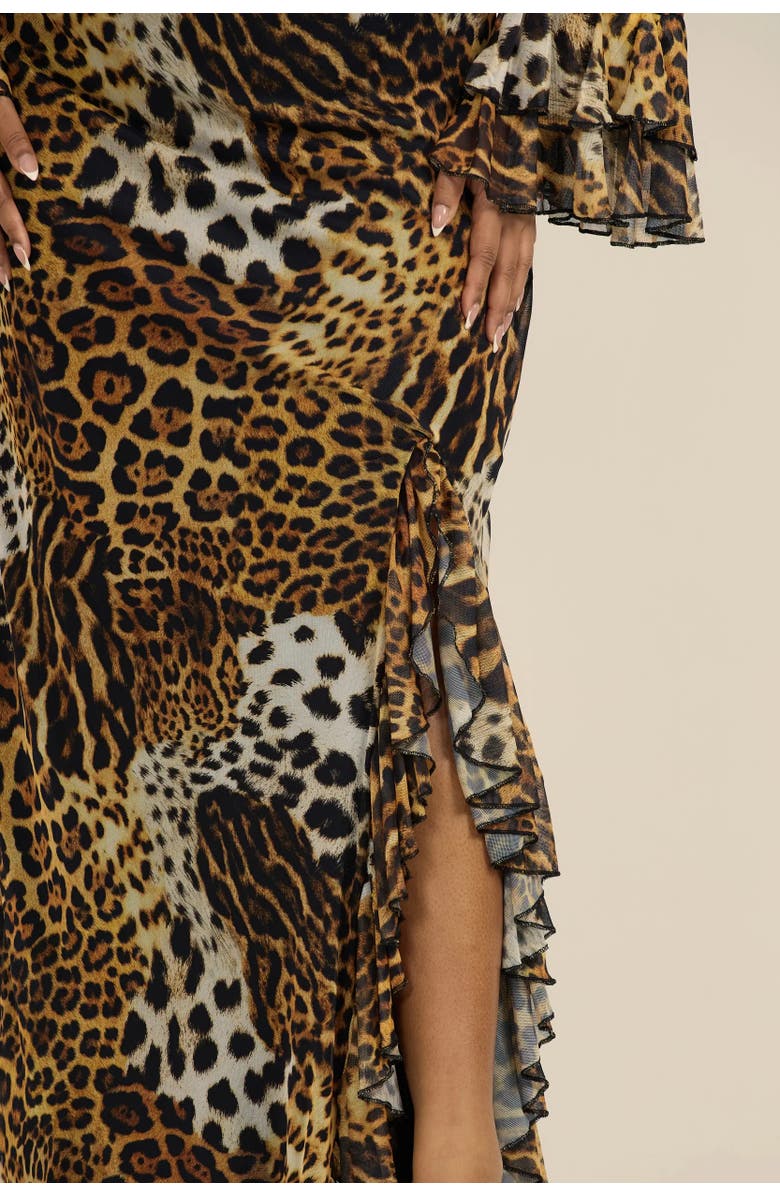 FASHION-SZN CURVE Ruffle Leopard Print Maxi Dress, Alternate, color, Brown