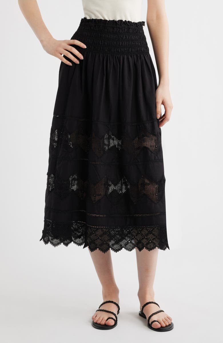 THE GREAT. The Rosette Crochet Trim Cotton Pull-On Skirt, Main, color, Black