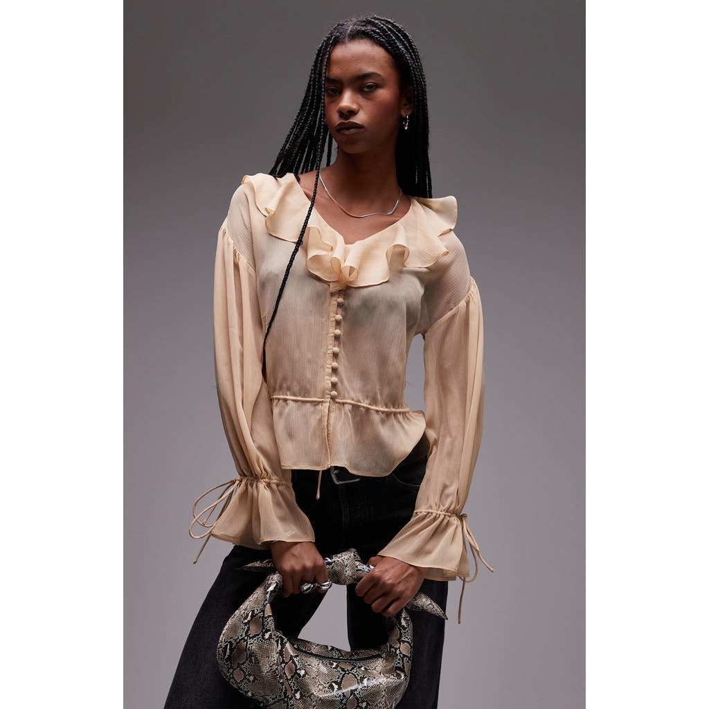 Shop Topshop Ruffle Tie Front Sheer Top In Beige