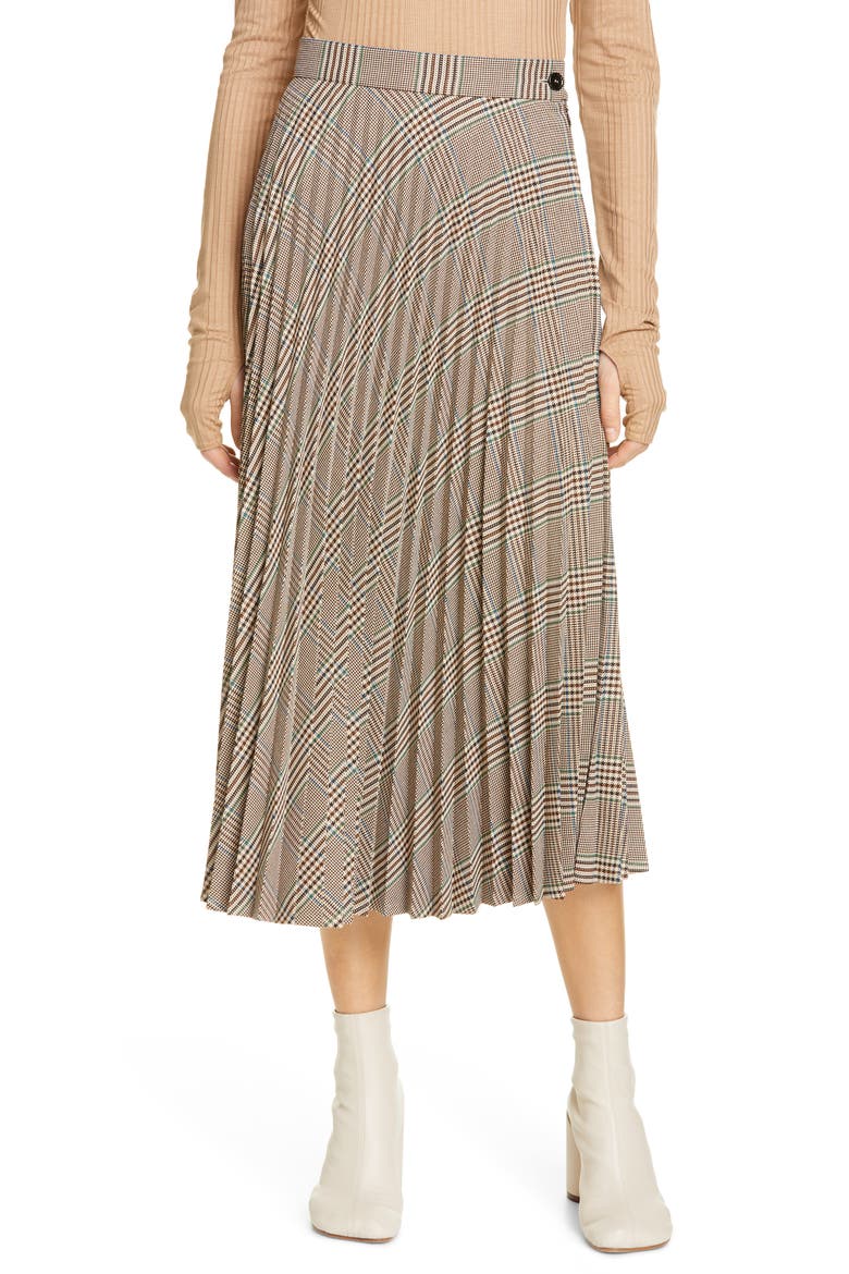 Plaid Pleated Midi Skirt, Main, color, CHECK BEIGE