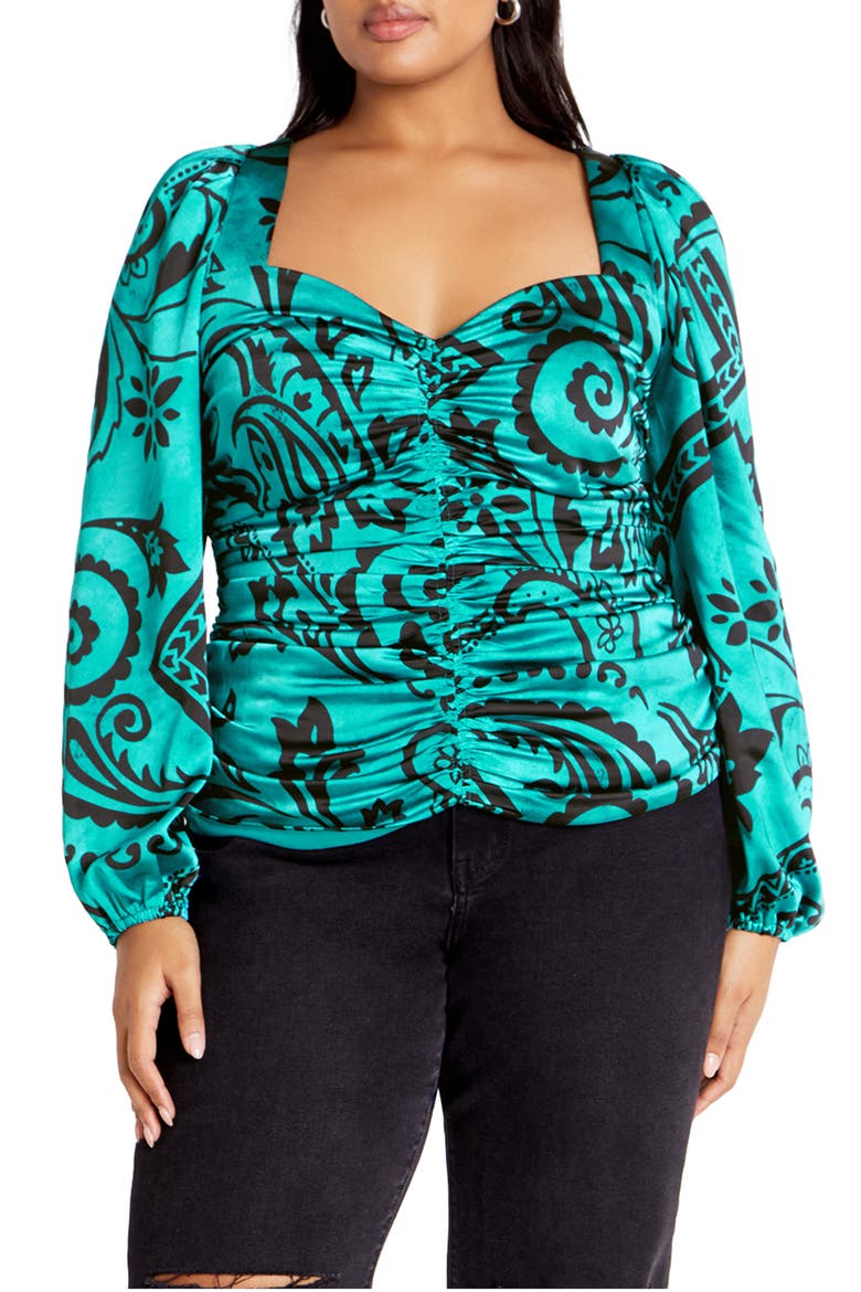 Loretta Ruched Top, Main, color, GREEN PRINT