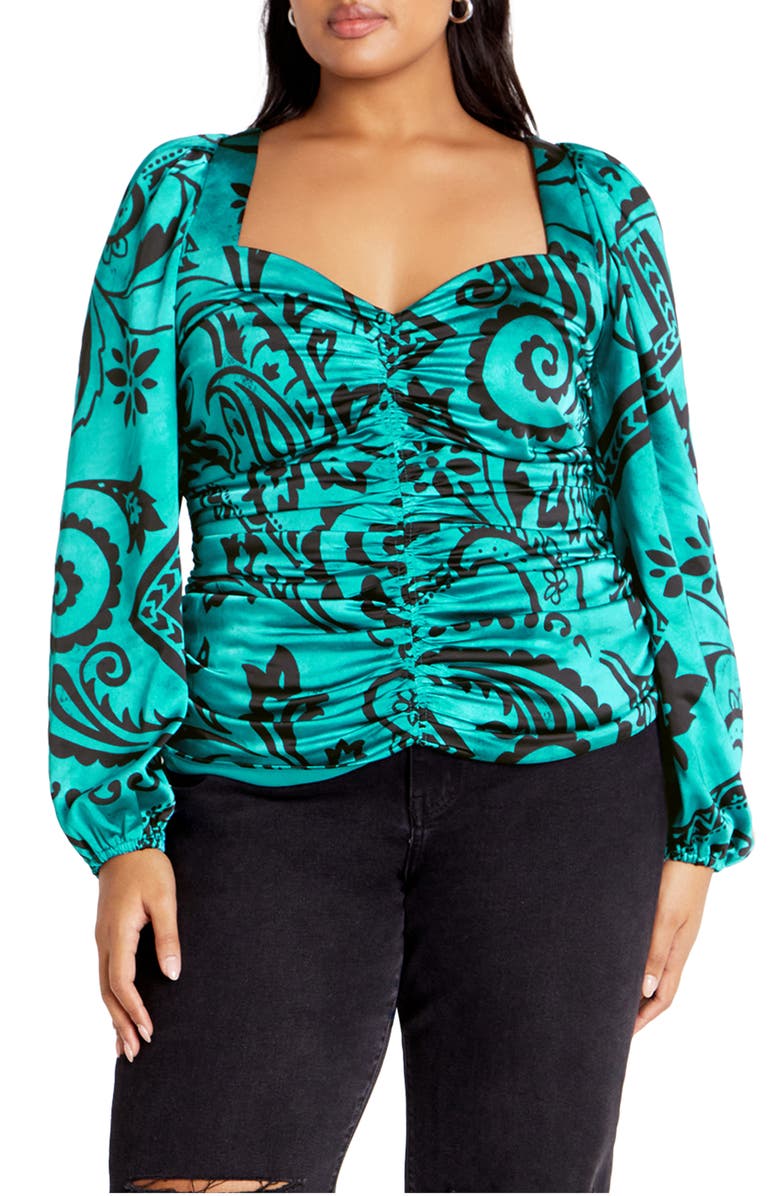 City Chic Loretta Ruched Top, Main, color, Green Print