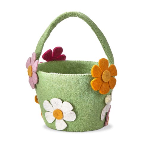 Easter Felt Bunny and Flowers Kids Egg Treat Basket Green