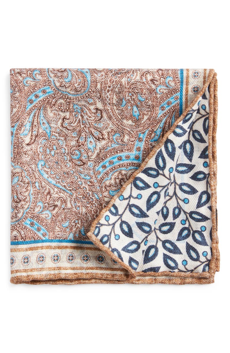 EDWARD ARMAH Paisley & Leaf Print Reversible Silk Pocket Square, Main, color, 