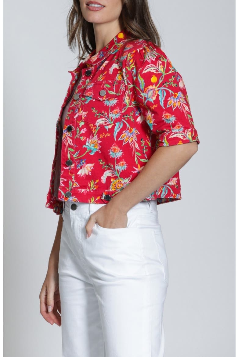 Floral Print Short Sleeve Denim Jacket, Alternate, color, RED MULTI