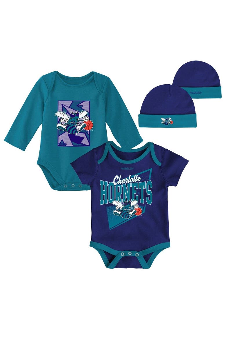 Infant Mitchell & Ness Purple/Teal Charlotte Hornets Hardwood Classics Bodysuits & Cuffed Knit Hat Set, Main, color, Purple