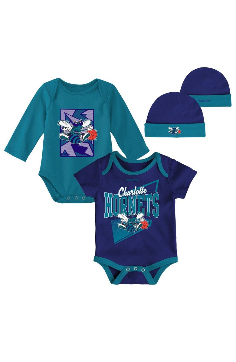 Mitchell & Ness Infant Mitchell & Ness Purple/Teal Charlotte Hornets Hardwood Classics Bodysuits & Cuffed Knit Hat Set, Main, color, Purple