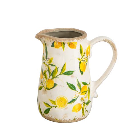 7.5-in Lemon Print Ceramic Rustic Jug Vase