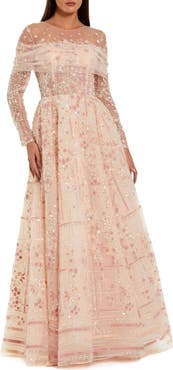 Mac Duggal Illusion Neck Long Sleeve Embroidered Ballgown