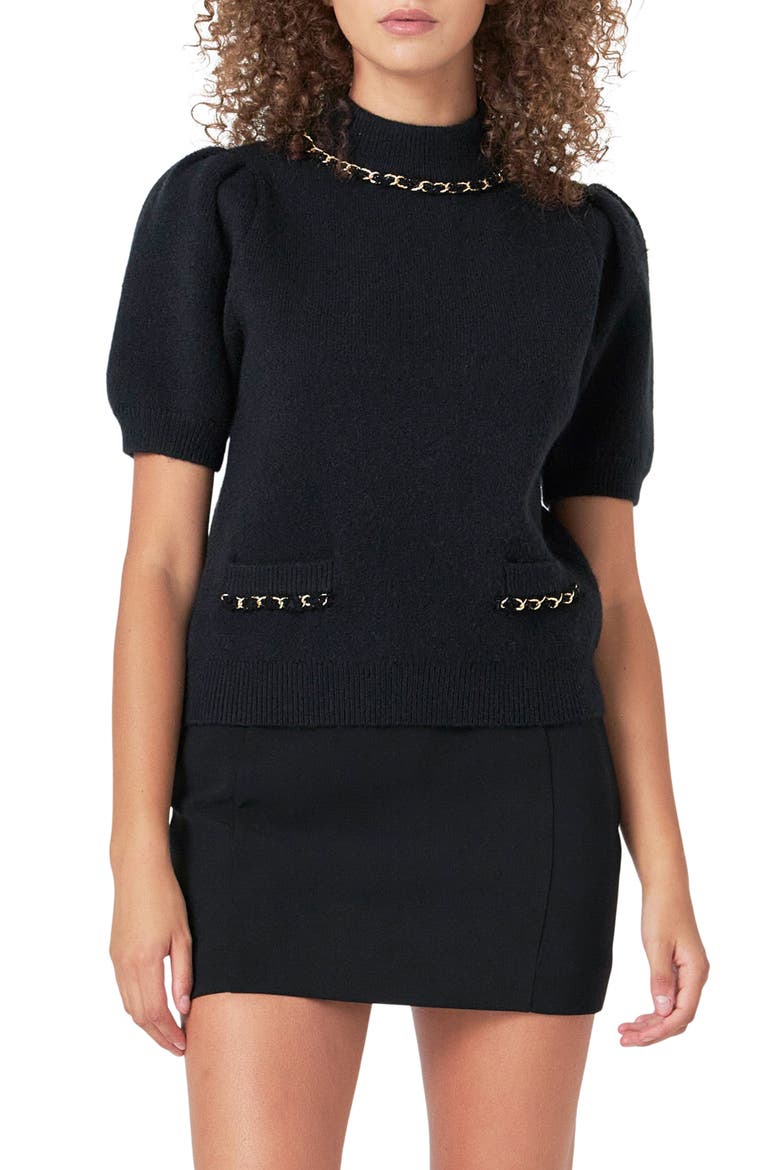 Chain Detail Puff Sleeve Sweater, Main, color, BLACK