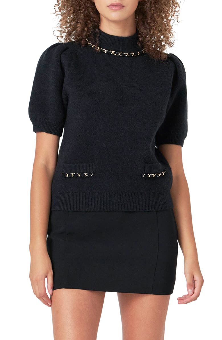 Endless Rose Chain Detail Puff Sleeve Sweater, Main, color, Black