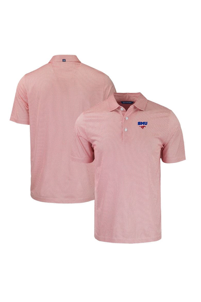 Men's Cutter & Buck Red/White SMU Mustangs Pike Eco Symmetry Print Stretch Recycled Polo, Main, color, White