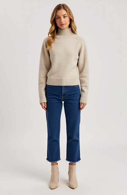 Modenaire Mock Neck Raglan Sleeve Wide Ribbed Hem Sweater In Neutral