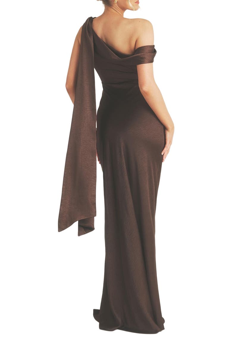 One Shoulder Drape Bridesmaid Dress, Alternate, color, Chocolate