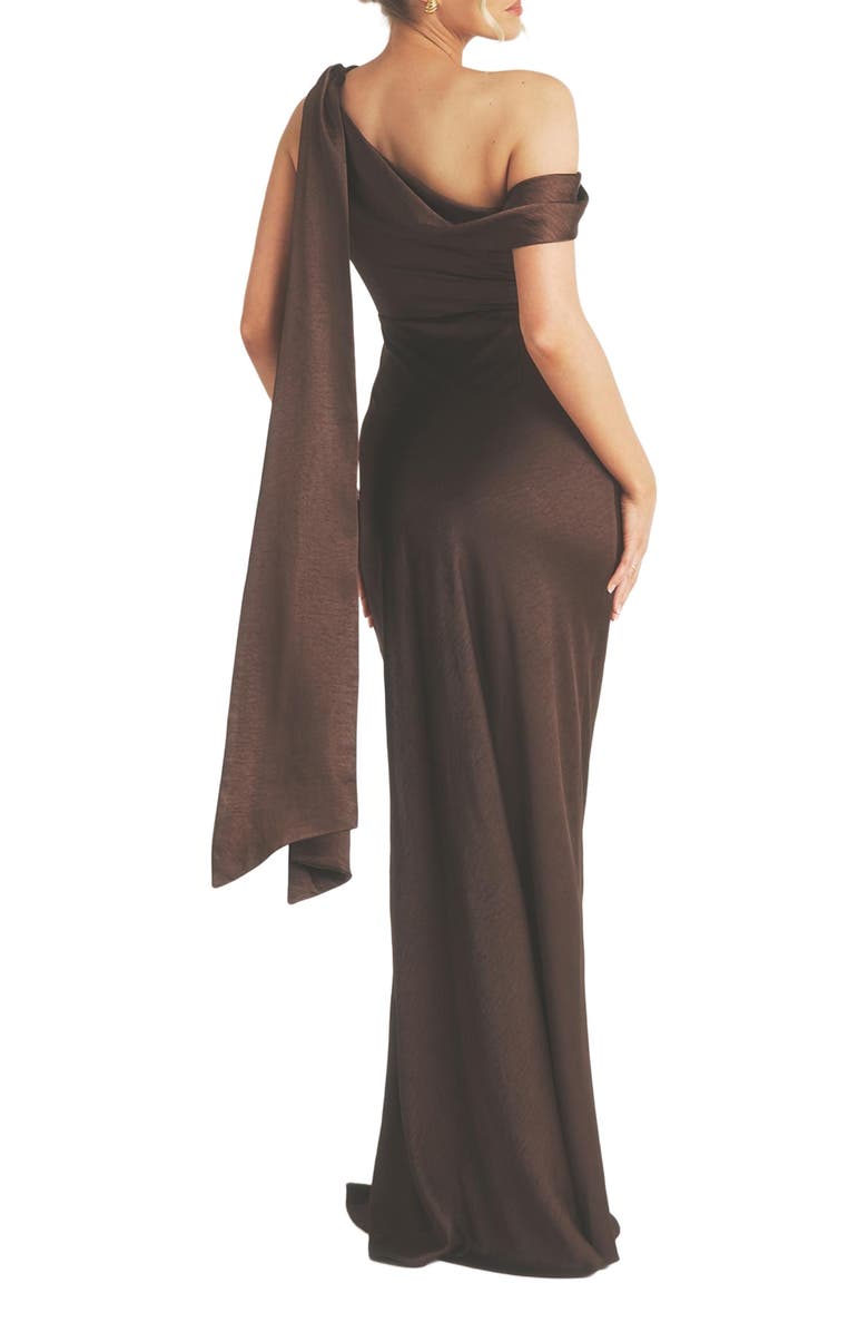 Six Stories One Shoulder Drape Bridesmaid Dress, Alternate, color, Chocolate