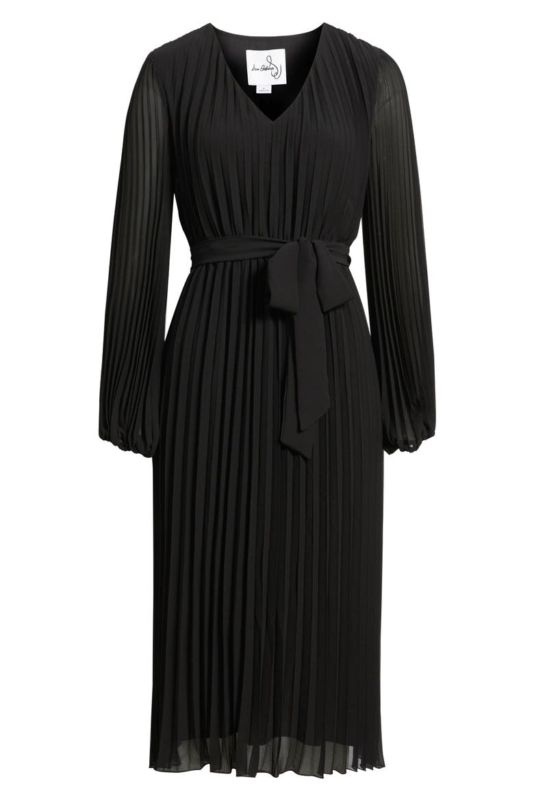 vintage tied stand collar long sleeve pleated black chiffon dress Cream and Black Polka Dot Pleated Sleeved Mini Dress